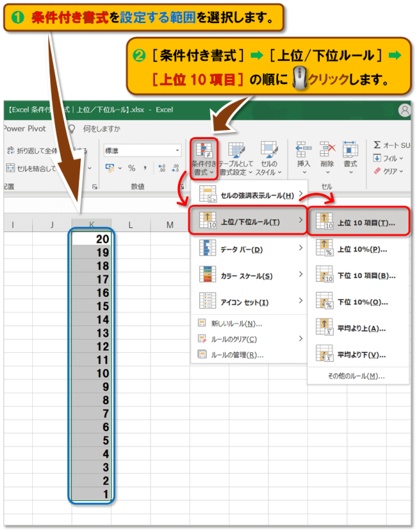 Exclel 条件付き書式｜上位/下位ルール