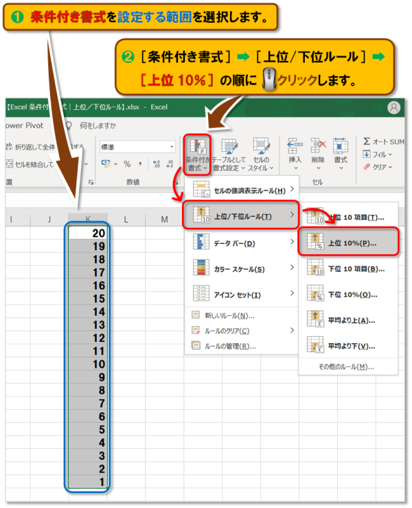 Exclel 条件付き書式｜上位/下位ルール