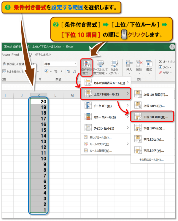 Exclel 条件付き書式｜上位/下位ルール