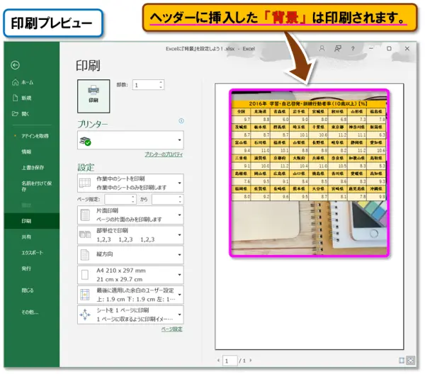 【Excel：ワークシートに『背景』を設定】